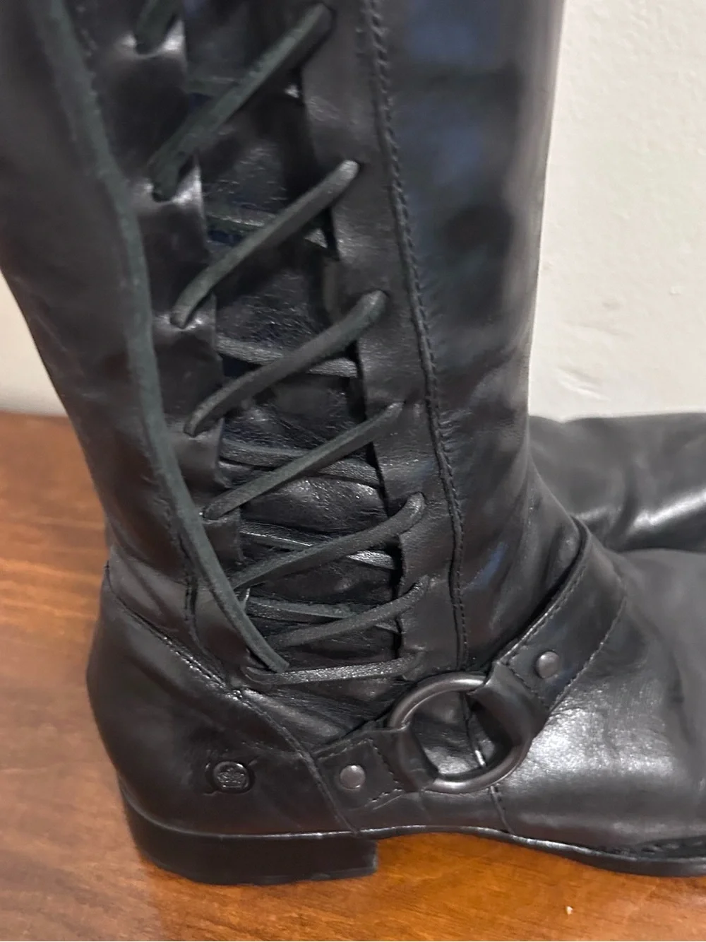 Born Black Leather Tall Buckle Harness Lace Up Riding Womens Boots Size 7.5